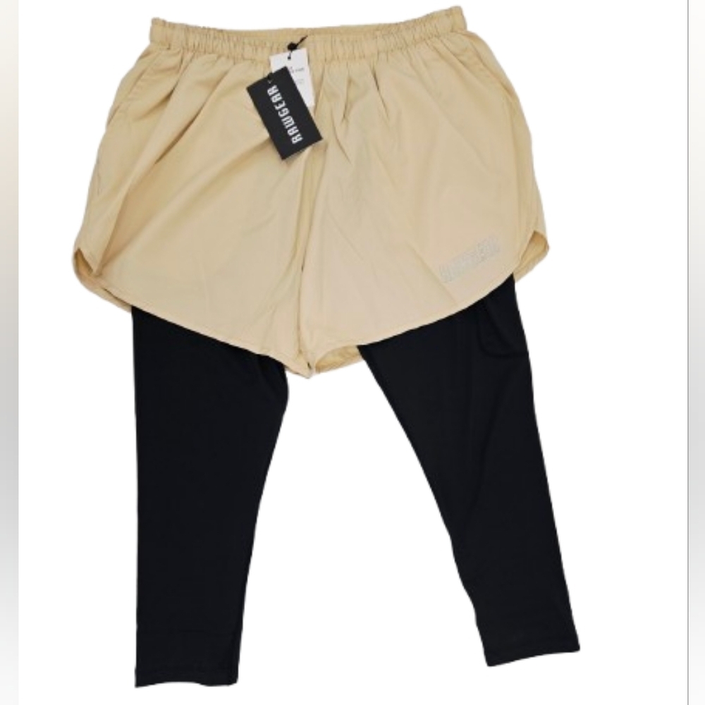 RawGear Shorts w Compression Leggings Mens Small Tan Black Gym Training NWT